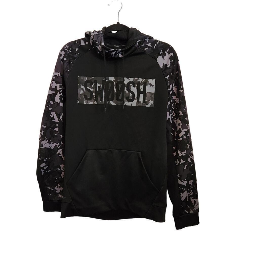 Nike Thermal Fit‎ Camo Swoosh Logo Hooded Sweatshirt Black Hoodie Men's Medium